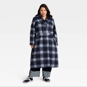 Ava & Viv™ Women's Belted Coat - Navy Blue Plaid 1X
